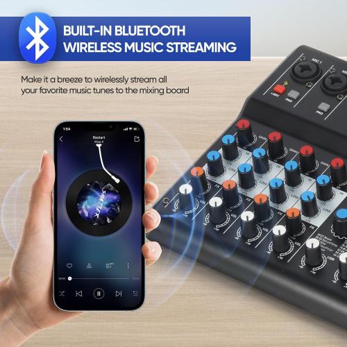 6 Channel Audio Mixer, Sound Board Mixing Console Audio Interface Digital USB Bluetooth Reverb Effect, Input 48V Phantom Power Stereo DJ Studio Mixer for PC Recording FX 16-Bit DSP Processor