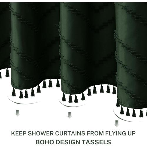 Extra Long Dark Green Boho Shower Curtain with Tassel, Woven Fabric 96 in Shower Curtain, Tufted Chevron Striped, 72 x 96, Modern Chic Textured Minimalist Bathroom Shower