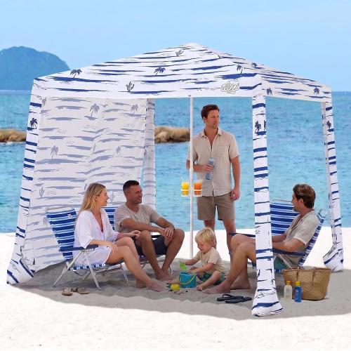 Beach Cabanas for Sand, Foldable Beach Canopy with Sandbags 8' | 43 Compact Fold, 8' x 8' Fits 6 Person, UPF 50 , Wind-Resistant, Privacy Side Wall, Easy Setup, 6.5-8' Adjustable Height