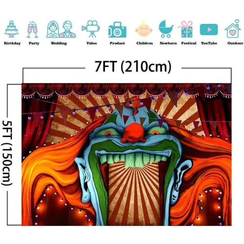 Scary Giant Clown Photography Backdrop Red White Stripe Carnival Photo Background Photo Booth Studio Props Supplies Horror Circus Haunted House 7x5ft Vinyl Halloween Party Banner Decorations