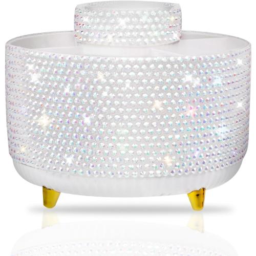 Bling Silver Rhinestone Desk Organizer with 5 Slots 360 Degree Rotating, Bling Pen Holder Makeup Brush Holder for Women, Silver Rhinestone Office Accessories