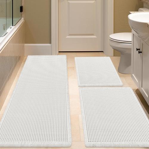 IM HOME Waffle Bath Mat Set 3 Piece White,Woven Modern Bath Rug Mats, Absorbent Non Slip Bath Floor Mat, Soft Washable Boho Bath Rugs with Tassels for Bathroom, Bedroom, Kitchen,Tub