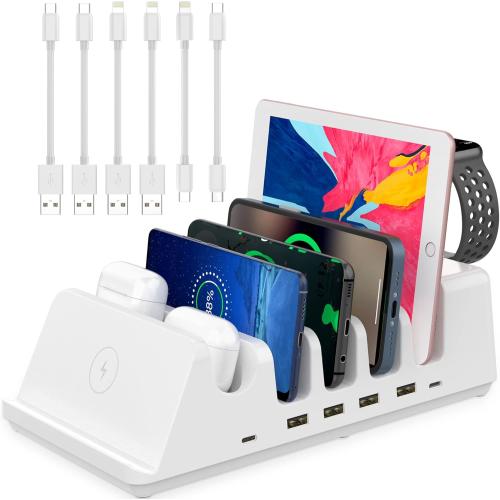 AGVEE 140W 9in1 Multi USB Charging Station Organizer Family Block Hub with Multi Cables, 3 Wireless Charger Dock for Apple iPad iPhone Cell Phone Samsung Android Tablet Multiple Devices, White