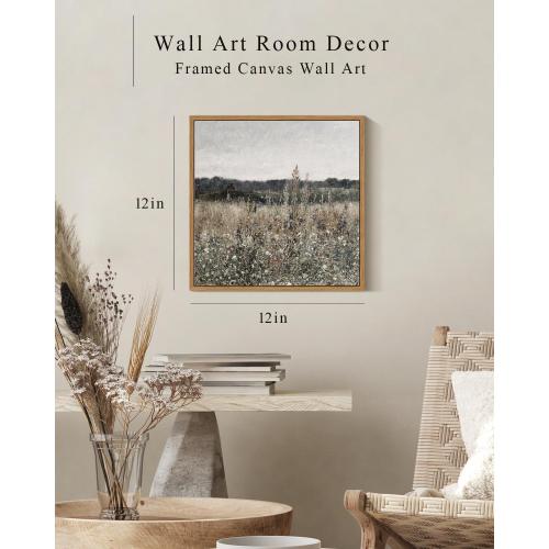 InSimSea Square Framed Canvas Wall Art, Home Decor Vintage Scenery Field Meadow Flowers Wall Art Prints, Retro Nature Floral Oil Paintings Wall Decor for Living Room Bedroom Home Bathroom 12x12