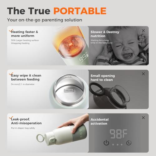 BOLOLO Portable Bottle Warmer for Travel, Super Fast Charging, Instant Breastmilk, Formula, Water, Milk Warmer with 10 Ounces Big Capacity, Baby Flask for Vehicle,car,Airplane Journey