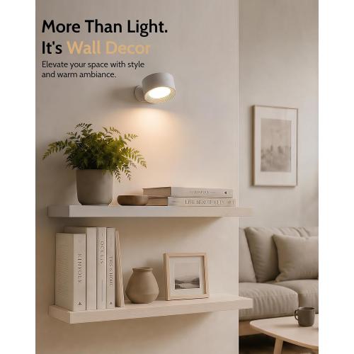 LED Wall Mounted Lights, Rechargeable Wall Sconces, 3 Color Temps, Remote & Touch, 360° Rotating and Dimmable for Bedroom, Bedside & Reading (White, 2 Pack)