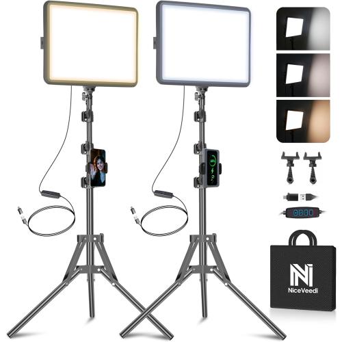 2-Pack LED Video Light Kit, NiceVeedi Studio Light, 2800-6500K Dimmable Photography Lighting Kit with Tripod Stand&Phone Holder, 73 Stream Light for Video Recording, Game Streaming, YouTube