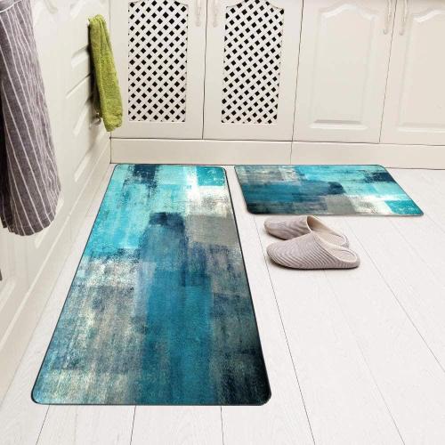 Kitchen Mats for Floor,TOMWISH Turquoise Kitchen Rug Grey Abstract Area Rug Art Painting 17X48 17X24 Non-Slip Kitchen Rug Set for Kitchen Dining Room,Floor Home,Office,Sink,Laundry