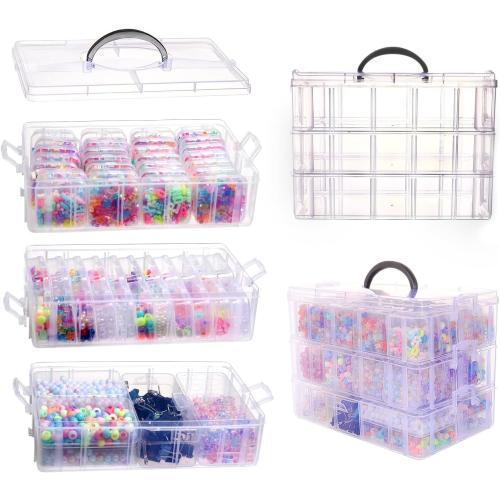 VTG Bead Organizer Box, 56 Pcs Small Plastic Containers with Lids and 3-Tier Stackable Storage Box, Clear Organizers for Jewelry Toys Craft Storage