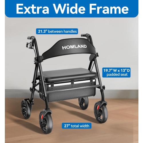 HOMLAND Bariatric Walkers for Seniors, 500lb Heavy Duty Rollator Walker, 19.7 Extra Wide Padded Seat, 8 All Terrain Foldable Rolling Walker with Dual-Height Adjustable