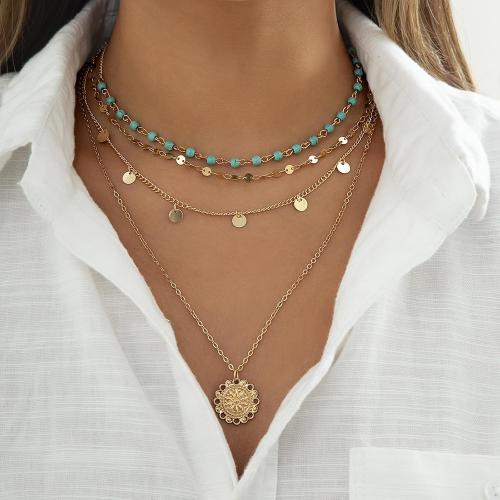 Gold Layered Necklace for Women Summer Boho Layered Stacked Pendant Necklace Country Concert Necklace Turquoise Coin Long Necklace