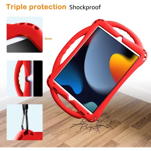 TopEsct Kids Case for iPad 10.2 inch - Shockproof Silicone Cover with Tempered Glass Screen Protector and Strap - Compatible with iPad 9th/8th/7th Gen (2021)(Red)