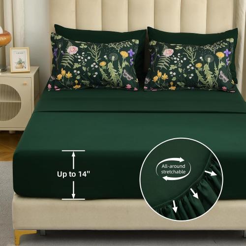 Yiran Queen Comforter Set 7 Piece, Dark Green Floral Bedding Set, Bed in a Bag Queen with Botanical Flowers Patterns, Soft Microfiber Complete Bedding Set with Sheets for All Season