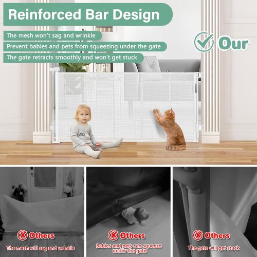 Size 55 Color White Reinforced 26 Inch Tall Retractable Baby Gates to Step Over 55 Wide Small Outdoor Retractable Child Gates for Doorways Short Retractable Dog Gates for Baby Indoor Retractable Stairs Gate for Kids