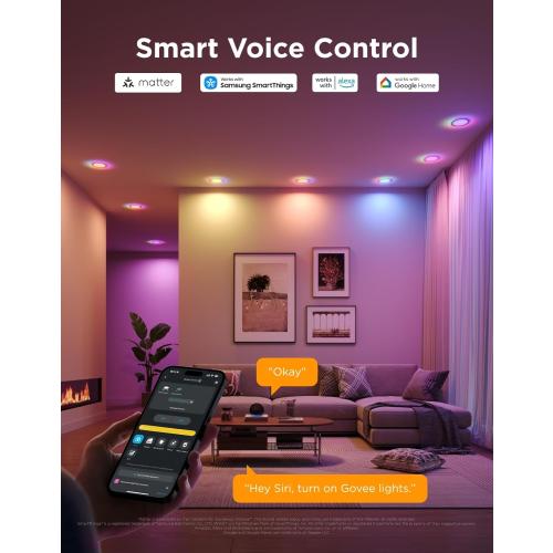 Govee Smart Recessed Lighting 6 Inch, Matter RGBIC LED Recessed Light Work with Alexa, Google Assistant, Dimmable 1100LM Canless Downlight with Junction Box for Living Room, Bedroom, Kitchen 4 Pack
