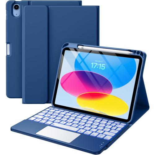 Harvopu Compatible for iPad 11th 10th Generation Case with Keyboard, Folio Cover with Pencil Holder, Multi-Touch Trackpad, 7 Color Backlit, Detachable Keyboard for iPad (A16) 11th/10th Gen (Navy Blue)