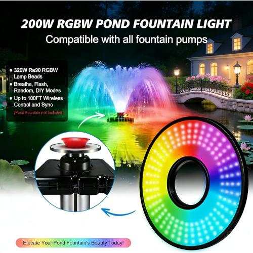 Pond Fountain Aerator,Pond Aerator,with Dynamic LED RGB Lighting Adjustable Modes, Digital Timer | 1 HP 15,000 GPH, 750W 110V, 100FT Cord - for Large Ponds, Lakes & Outdoor Water Features