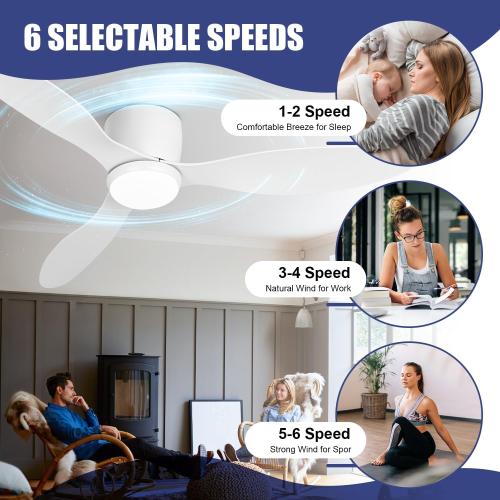 VACILL Low Profile Ceiling Fan with Light and Remote, 52 Inch Flush Mount White Ceiling Fan, Quiet Reversible DC Motor, 6 Speed, 3 Color Dimmable LED, 3 Blades for Bedroom Living Room