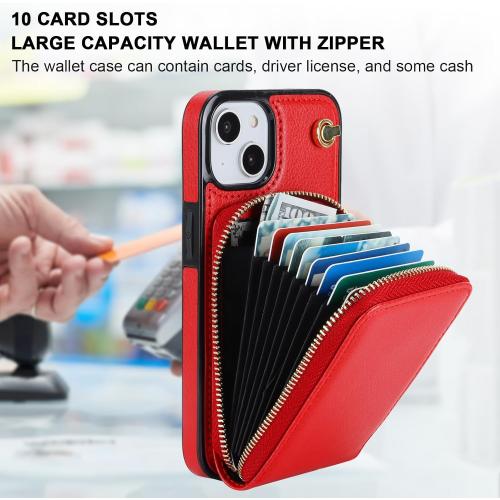 KIHUWEY Crossbody Wallet Case for iPhone 13 iPhone 14, Zipper Pocket Case with Card Holder, PU Leather RFID Blocking Protective Cover Case with Kickstand Detachable Wrist Strap Lanyard 6.1 (Red)