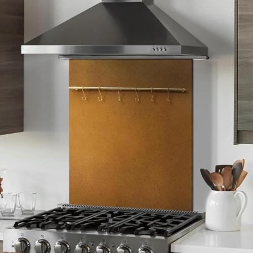 Fietrexa 29.5“x29.5” Aged Brass Finish 304 Stainless Steel Rang Hood Backsplash with Solid Brass Rail & S Hooks,Stove Backsplash,Vintage Style,Kitchen Wall Splash Guard.