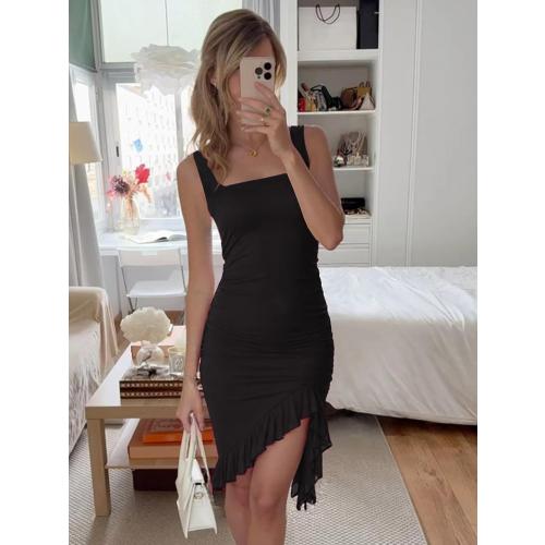Size S Square Neck Bodycon Dress for Women Sexy Ruched Stretchy Cocktail Party Midi Dresses
