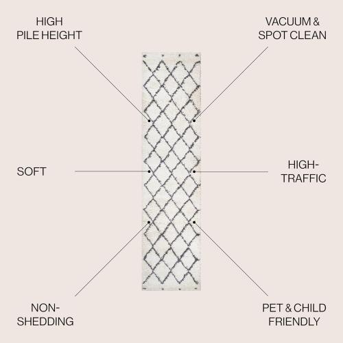 JONATHAN Y Cami Diamond Shag White/Gray Runner Rug, 2x8, Moroccan, Bohemian, Contemporary, Easy-Cleaning for Living Room, Bedroom, Kitchen, Pet Friendly, Non-Shedding (MOH410A-28)