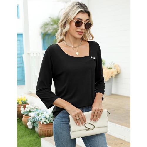 LOMON Womens 3/4 Length Sleeve T Shirts Asymmetrical Neck Tops Business Blouses for Women Fashion 2026
