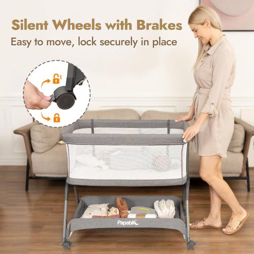 Papablic Baby Bassinet, Bedside Bassinet for Baby with Four-Sided Breathable Mesh & Soft Mattress, Adjustable Bassinet Bedside Sleeper with Storage Basket and Wheels, Easy to Assemble