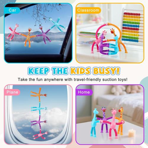 Easter Basket Stuffers for Toddler Kids ,Pop Tubes Giraffe Travel Toys 4Pcs,Airplane Car Travel Activities for Toddlers,Suction Cup ‌Sensory Fidget Toy,Fun Screen-Free Activity for Boy & Girl