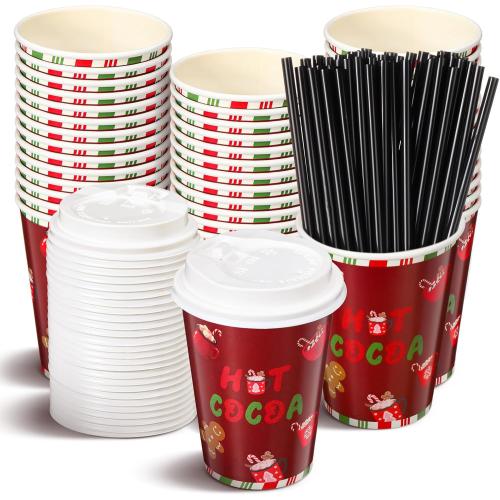 50 Set Christmas Hot Cocoa Paper Cups 12 oz Christmas Disposable Coffee Cups with Lids Straw Holiday Cup Bulk for Cocoa Hot Chocolate Bar Supplies for Beverage Ice Cream Coffee Party Decor