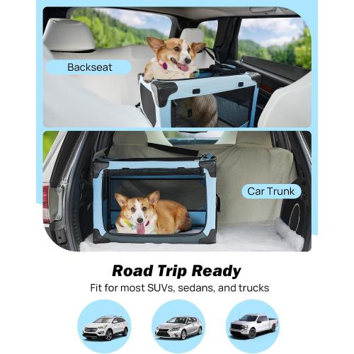 JOYTUTUS Collapsible Dog Crate, 26 Inch Portable Pet Crate for Car, Travel Dog Kennel Foldable Dog Crate for Medium Dog 44lbs, Soft Cat Carrier Fit for Indoor & Outdoor/Car Back Seat/Trunk (Blue)