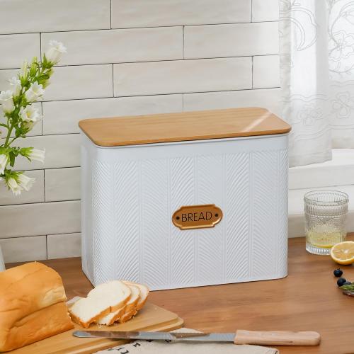 Extra Large Bread Box for Kitchen Countertop Corner Breadbox for Homemade Bread Metal White Diagonal Stripe Pattern Embossed Storage Container Bin with Bamboo Lid Fits 2 Loaves of Bread