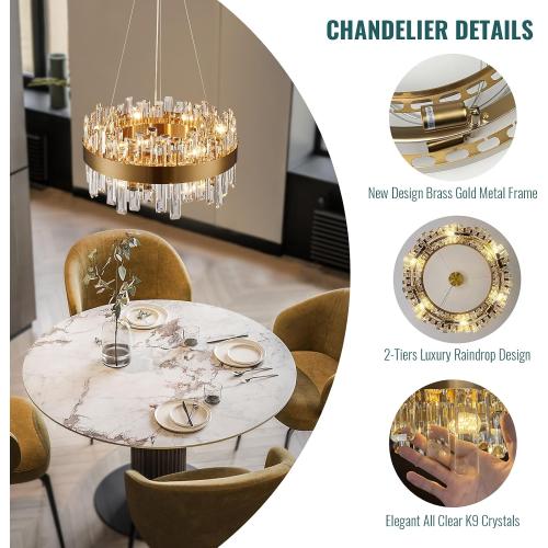 Siljoy 12-Light Modern Crystal Chandelier, Luxury Brushed Gold 2-Tiers K9 Crystal Raindrop Chandelier, Elegant Dimmable Crystal Chandelier Ceiling Light for Dining Living Room Kitchen D19.7''