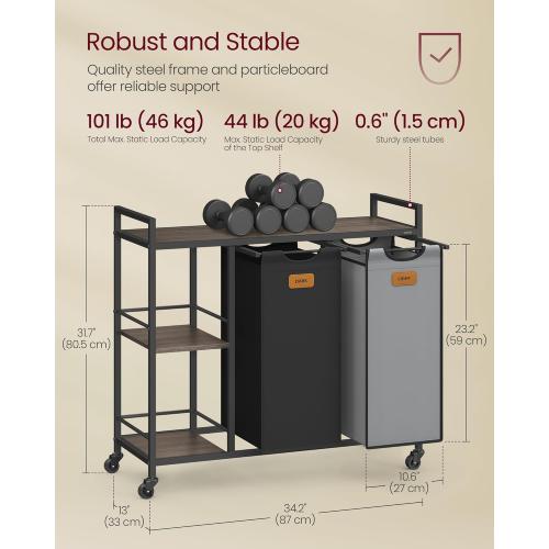 VASAGLE Laundry Hamper with 2 Compartments, 26.4 Gal. (100 L) Laundry Sorter, Rolling Laundry Cart with Shelves, Removable Liners, 6 Labels, Chestnut Brown, Ink Black and Dove Gray UBLH311B02