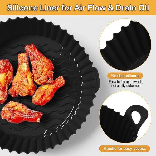 8 Inch Air Fryer Liners for Ninja AF100 AF101 AF141 AF150 AF161 XL (2 Pack) Black & Cyan Silicone Liners with Handles for 3–6 QT AirFryer COSORI, Gourmia and more – Reusable Nonstick Inserts