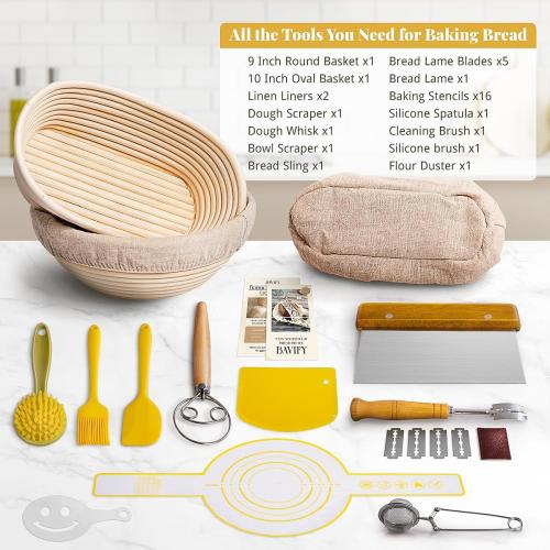 Sourdough Starter Kit, 9 Round & 10 Oval Banneton Bread Proofing Baskets Set, Sourdough Bread Baking Supplies Making Tools with Dough Scraper, Whisk, Bread Lame, Silicone Sling, Recipe