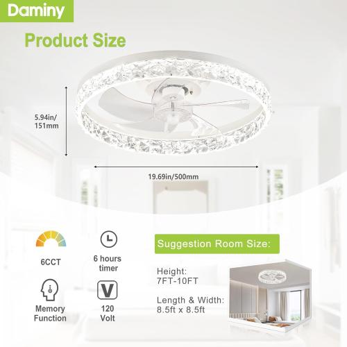 DAMINY 20inch White Ceiling Fans with Lights and Remote, 6CCT, Dimmable Smart Low Profile Ceiling Fan with Light, 6 Speeds Flush Mount Modern Bladeless Ceiling Fan for Bedroom