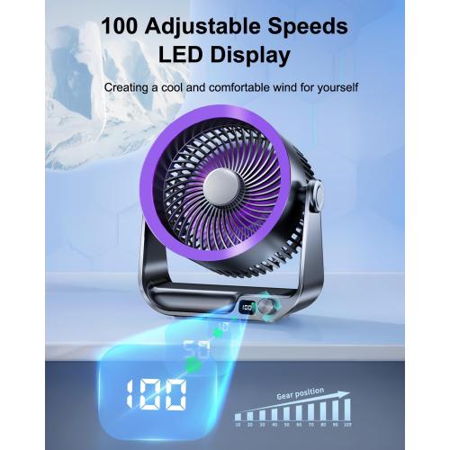 Desk Fan for Bedroom Table Fan small Quiet Digital Display for Office, Bedroom, Kitchen, Home, Outdoor, Powerful 100 Adjustable Speeds Air Circulator Fan, 105° Tilt Travel Camping Fan, Purple