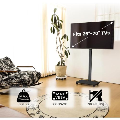 Mobile TV Cart Rolling TV Stand for 26-70 inch Screens, Mobile TV Cart Holds up to 88lbs, 25° Swivel with 6 Levels of Height Adjustment for Optimal Viewing, TV Stands for Office,Room, Outdoor,Corner