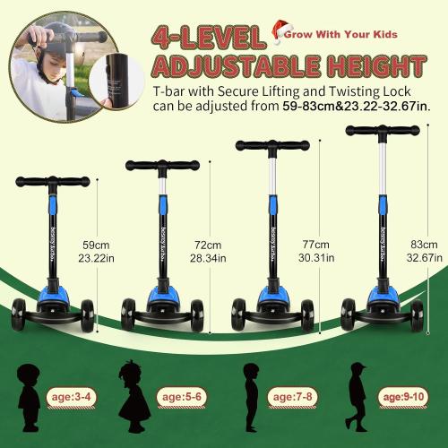 Blue and Black Besrey Kick Scooter for Kids Ages 3-10, 3-Wheel Folding Scooter with Adjustable Height, LED Light Wheels, Extra Wide Deck for Outdoor Activities