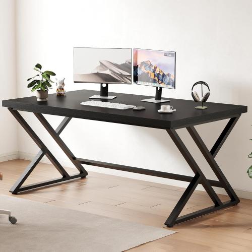 LVB Black Desk, Modern Gaming Writing Computer Desk for Home Office, Metal Wood Study Work PC Computer Table for Bedroom, Industrial Executive Student Workstation Desk, 47 Inch, Black Oak