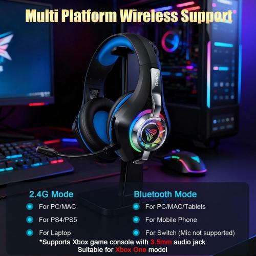 2.4GHz Wireless Gaming Headsets for PS5/PS4/Switch, New RGB Bluetooth 5.4 Noise Cancelling Gaming Headphones with 7.1 Surround Sound, 40mm Drivers, 276g Ultraligero, Memory Foam, 40Hrs Audífonos Gamer