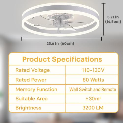 Fszdorj 23.6'' Ceiling Fan with Light, Upgraded Low Profile Fan, Flush Mount Ceiling Fan, 6 Speeds, Dimmable LED, App & Remote Control, Quiet DC Motor, for Bedroom, Living Room, F105 White N