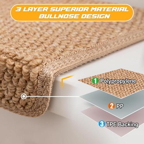Bullnose Carpet Faux Sisal Stair Treads | Set of 14 | Stair Treads for Wooden Steps Indoor Anti Slip Braided Staircase Protector Pet Friendly Rugs Covers 9.44 X 29.5x 1.9,Golden