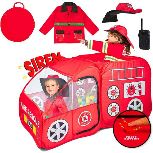 Kiddey Fire Truck Tent for Kids | Firetruck Play Tents with Sirens and Fireman Sounds for Girls, Boys, & Toddlers Gifts | Red Fire Engine Pop Up Playhouse with Costume | Indoor & Outdoor Baby Tent