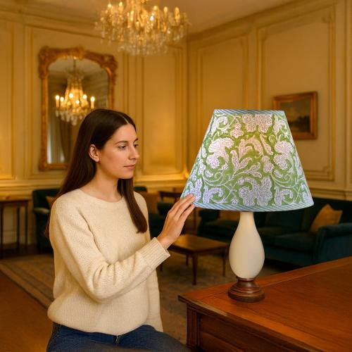 Ridhi Sage Green Hand Block Print Lampshade UNO Fitter (1.57” Inner Ring -33mm) 7” Top x 13” Bottom x 10” Height Cotton Fabric Table Lamp Shade for Bedside, Buffet Gift For Mother's Day