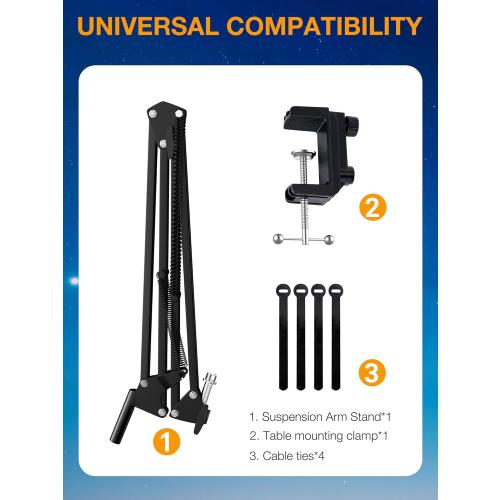 QuadCast Boom Arm, Mic Arm for Blue Yeti HyperX QuadCast SoloCast Fifine AM8 and Most Microphone, Mic Stand Desk with 3/8 to 5/8 Adapter by SUNMON