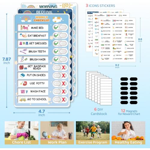 3 in 1 Bedtime/Morning/Weekly Routine Chart for Kids, Magnetic Chore Chart for Kids, Visual Schedule for Kids Toddlers Schedule Board for Home
