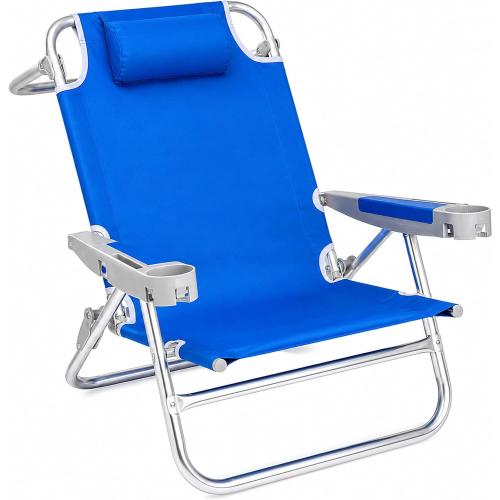 SUNNYFEEL XL 28 Extra Wide Beach Chair for Adults,Low Backpack Beach Chair | 5-Position Lay Flat Reclining, 500 lb Heavy Duty Folding Chair with Pillow & Cup Holder, Navy Blue