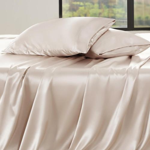 Bedsure Satin Sheets Full Size - 4 Piece Silky Bedsheets with 15 Inches Deep Pocket Fitted Bedsheet,1 Flat Sheet, 2 Satin Pillowcases, Good for Hair & Skin (Full, Beige)